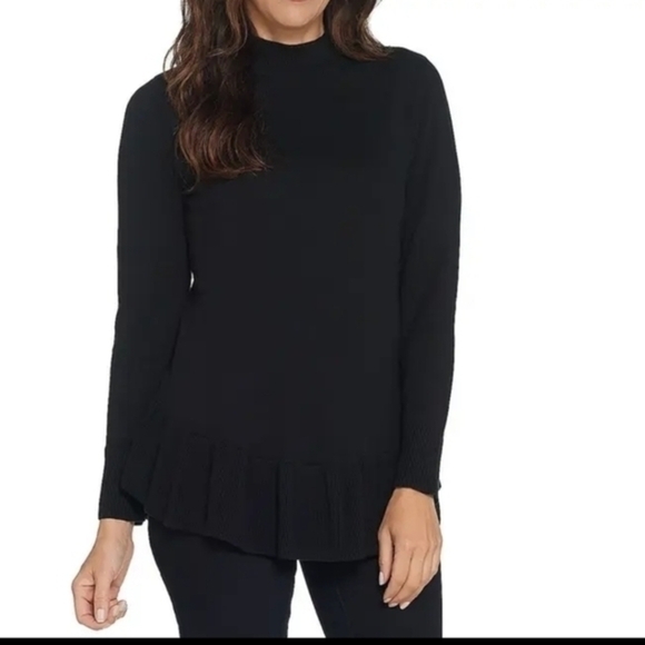 Isaac Mizrahi Live Mock Neck Long Sleeve Black Peplum Top Size Small - Picture 1 of 4